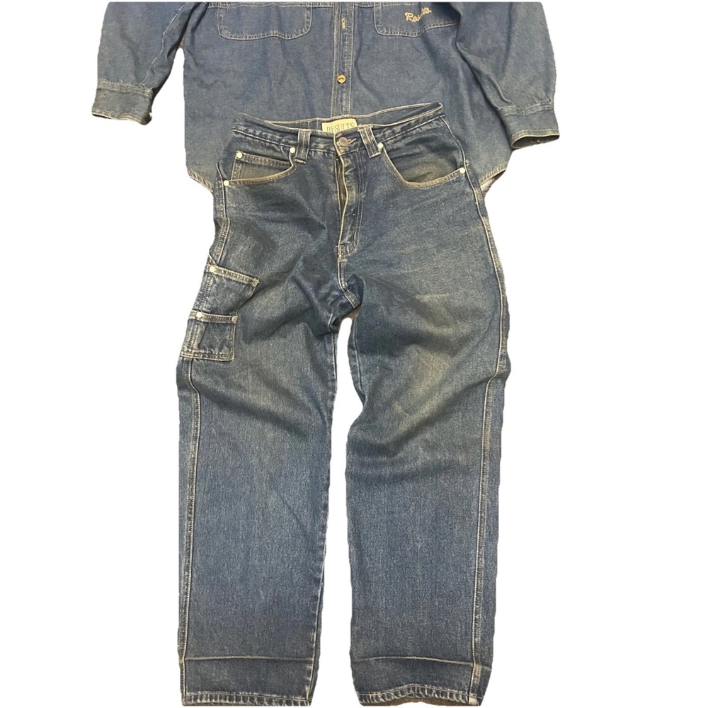 Vintage Results Denim Set Mens Medium Band Collar Blue Long Sleeve Denim Jeans